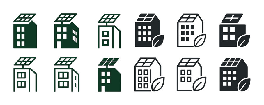 Eco-friendly buildings with solar panels and leaf icons in various styles