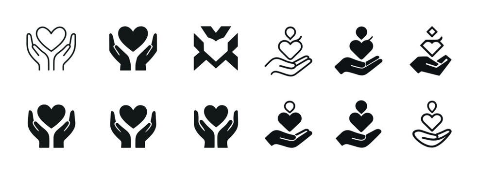 Set of heart and hand icons symbolizing care and compassion