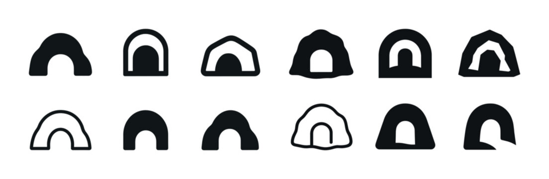 Collection of various simple cave icon designs in black and white