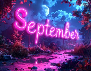 Glowing neon "September" sign with a fantasy landscape, river, leaves, and a full moon