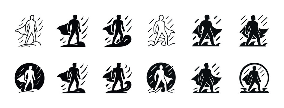 Silhouette superhero icon set in various dynamic poses