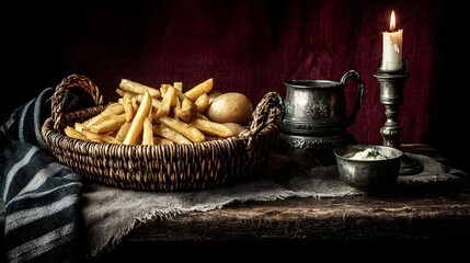 Fototapeta premium Dutch Still Life of Comfort Food - Fries in Basket with Dramatic Lighting