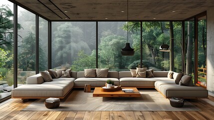 Modern Living Room Minimalist Oak White-Plaster Danish Scandinavian Style Soft Natural Light Oversized Beige Sofa Elegant Design Luxurious Calm Ambiance (AI-Generated)