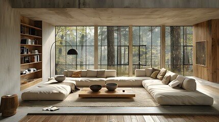 Modern Living Room Minimalist Oak White-Plaster Danish Scandinavian Style Soft Natural Light Oversized Beige Sofa Elegant Design Luxurious Calm Ambiance (AI-Generated)