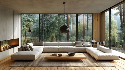 Modern Living Room Minimalist Oak White-Plaster Danish Scandinavian Style Soft Natural Light Oversized Beige Sofa Elegant Design Luxurious Calm Ambiance (AI-Generated)