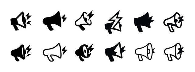 Set of various megaphone icons with lightning bolts in black and white