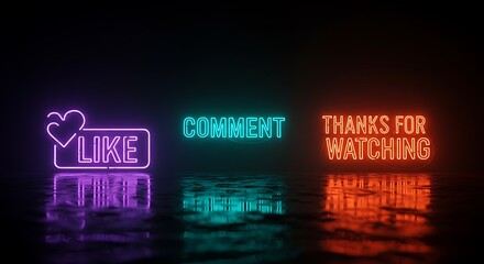 Glowing neon social media icons and text reflected in a wet, dark surface