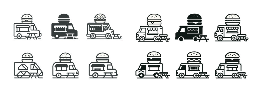 Food truck vector set with burger trucks and picnic tables