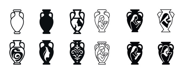 Set of decorative ancient greek vase silhouettes with artistic patterns