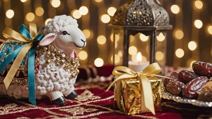 A festive Eid al-Adha scene featuring a decorated sheep figurine, gifts, and dates, with a lantern and bokeh lights.