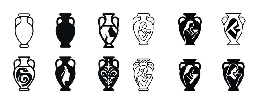 Set of decorative ancient greek vase silhouettes with artistic patterns