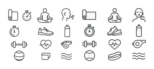 Fototapeta premium Fitness icons: yoga, meditation, exercise, hydration, wellness symbols