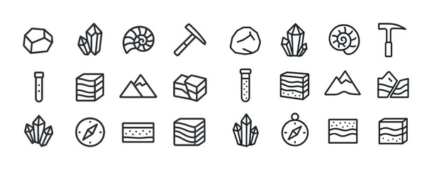 Geology icon set: crystals, fossils, tools, compass, layers