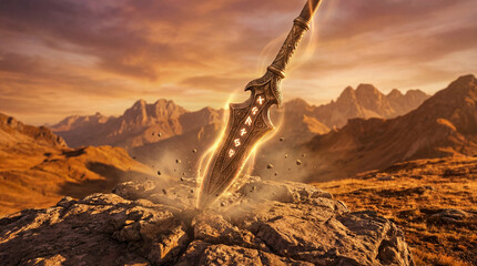 A powerful glowing fantasy sword embedded in ancient rocky ground under a dramatic sunset sky