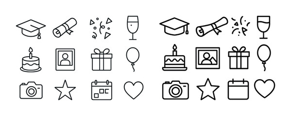 Celebration icons: graduation, gifts, balloons, and more in outline style