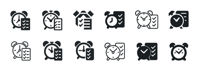 Set of alarm clock and checklist icons in black and white