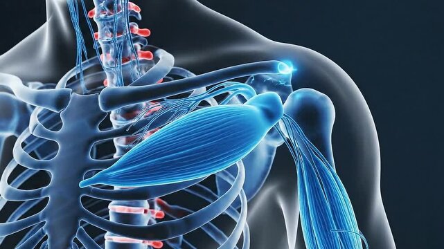 Close up medical animation of human shoulder joint anatomy illustrating pain inflammation and muscular structure with blue and red highlights against a dark background