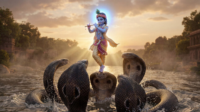 Lord krishna playing flute on the head of the multiheaded serpent kaliya in a river at sunset