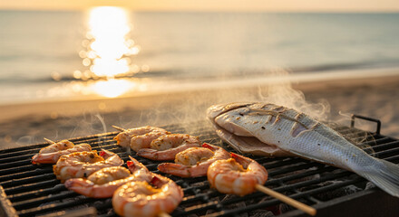 Grilling fresh shrimp and fish on a beach barbecue at golden sunset.