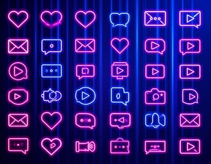 Glowing neon social media icons in various shapes on a dark blue background with vertical lines