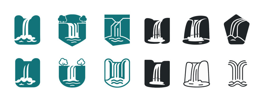 Collection of waterfall symbols and icons in various styles and designs