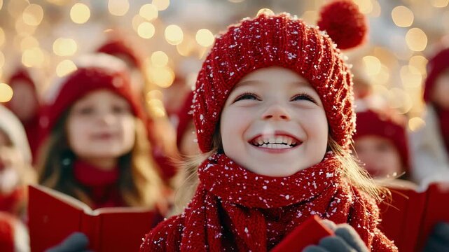 Joyful children singing christmas carols with snowy backdrop and festive lights