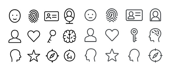 Minimalistic icon set featuring faces, hearts, keys, and compasses