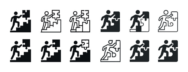 Progress and achievement icons: person climbing steps with puzzle piece