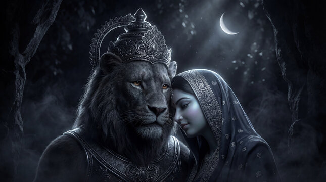 Mystical lionheaded deity and a woman in a tender embrace under a crescent moon at night