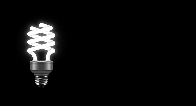 Glowing spiral lightbulb isolated against a stark black background, symbolizing ideas