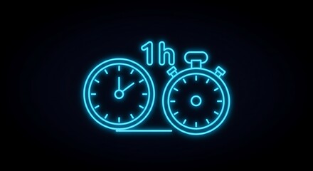 Glowing neon timekeeping icon displaying clock and stopwatch with the duration "1h