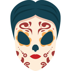 Dia De Los Muertos Skull Face Art With Dark Hair And Red Lips On A Transparent Background