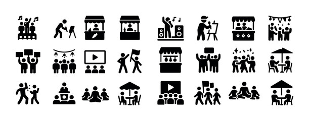 Diverse community activities pictograms: music, art, food, outdoor events, social gatherings