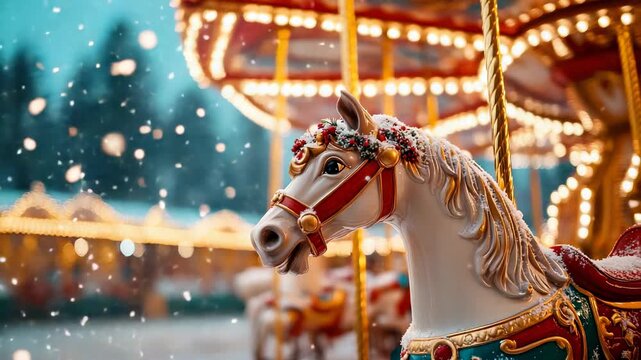 Majestic carousel horse with falling snowflakes under twinkling lights at twilight