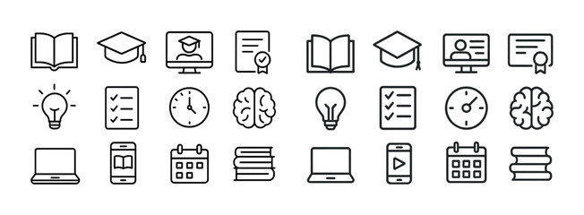 Education icons set: graduation, books, brain, online learning, certificates