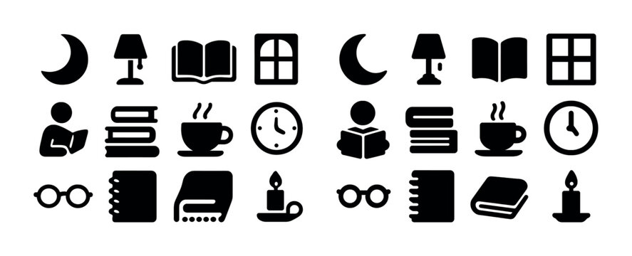 Collection of reading and relaxation icons: books, lamp, tea, window, clock