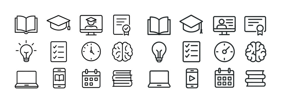 Education icons set: graduation, books, brain, online learning, certificates