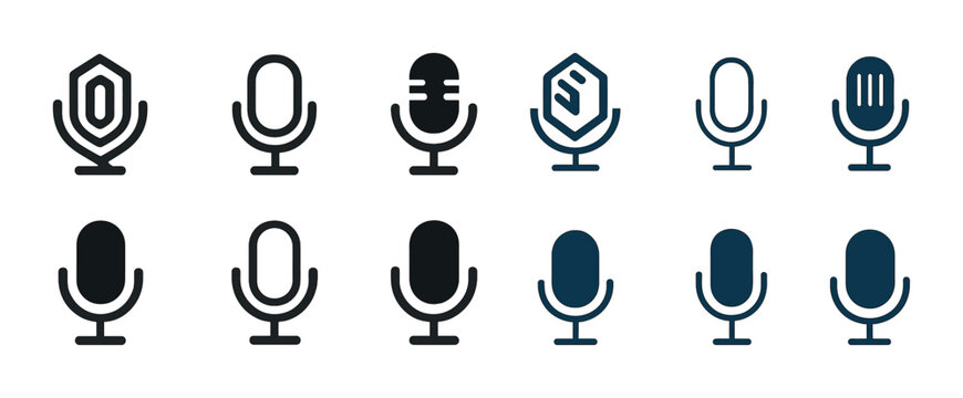 Diverse microphone icons collection in black and blue design variations