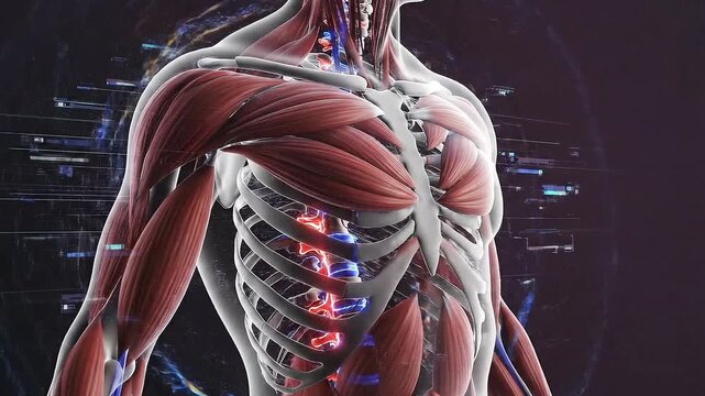 Detailed 3D anatomical model of human muscular system and skeleton with glowing blue and red nerve pathways and digital data streams in dark moody lighting