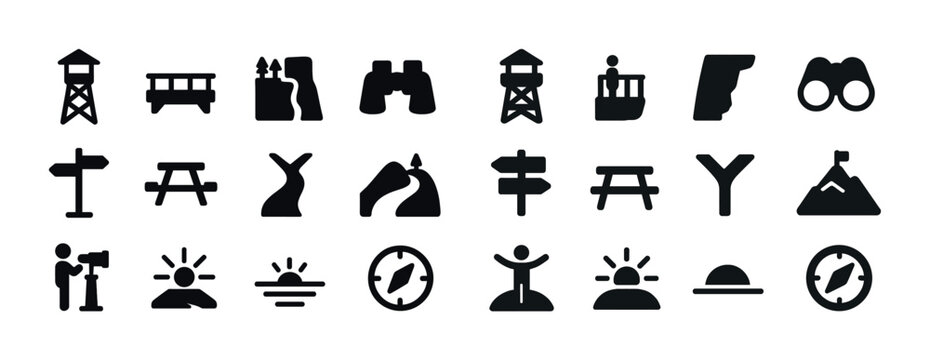 Adventure and outdoor icon set: mountain, binoculars, compass, sunrise, trail