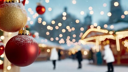 Festive christmas market with snowy ornament and twinkling lights in winter wonderland - Powered by Adobe