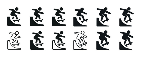 Skateboarder silhouettes performing stunts on ramps