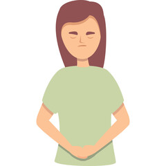 Illustration Of A Young Woman With Brown Hair Wearing A Light Green T Shirt Standing With Hands Clasped In Front With Eyes Closed And A Subtle Frown On Her Face In A Simple Flat Design Style With A