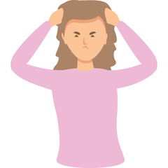 Frustrated Woman Holding Her Head in Disbelief Wearing A Pink Long Sleeve Shirt With Wavy Brown Hair and Angry Expression Isolated On A White Background