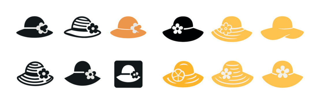 Variety of stylish sun hats with floral decorations in black and yellow