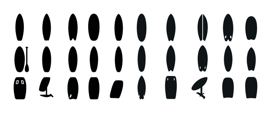 Silhouette collection of various surfboards and water sports equipment