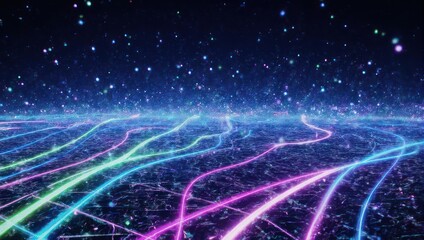 Abstract digital artwork with flowing neon lines, resembling a futuristic landscape