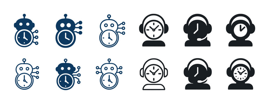 Robot and headset clock icons representing ai, time, and customer support concepts