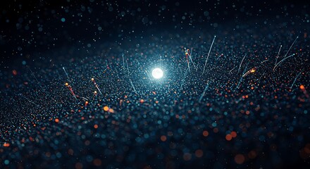 Glowing orb surrounded by a swarm of small particles, creating a cosmic abstract scene