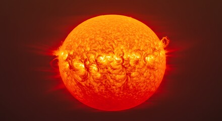 Glowing orb of fiery plasma, with solar flares, displayed against a dark red backdrop